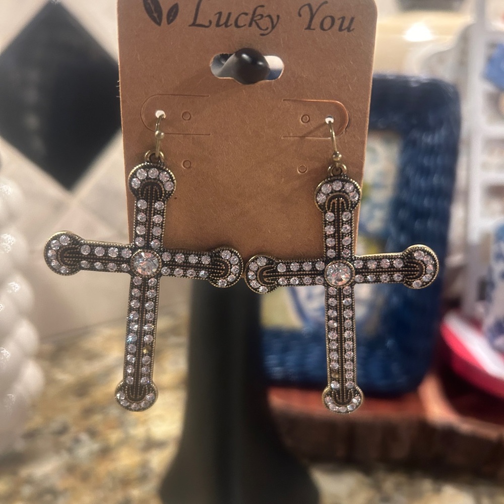 Lucky You Cross Earrings with Rhinestones